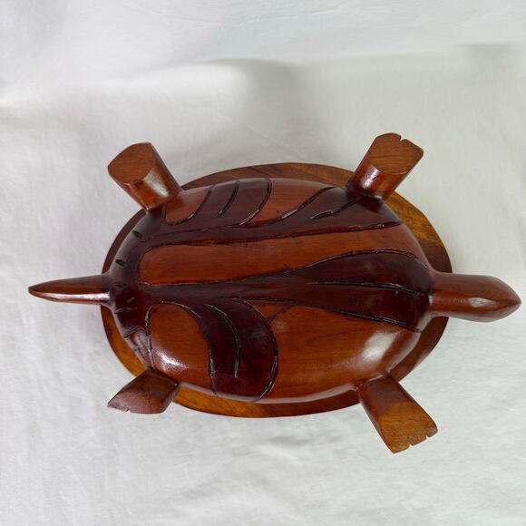 Wooden Turtle Tortoise Hand Carved Trinket Box Bowl Removeable Lid Floral - Picture 7 of 8